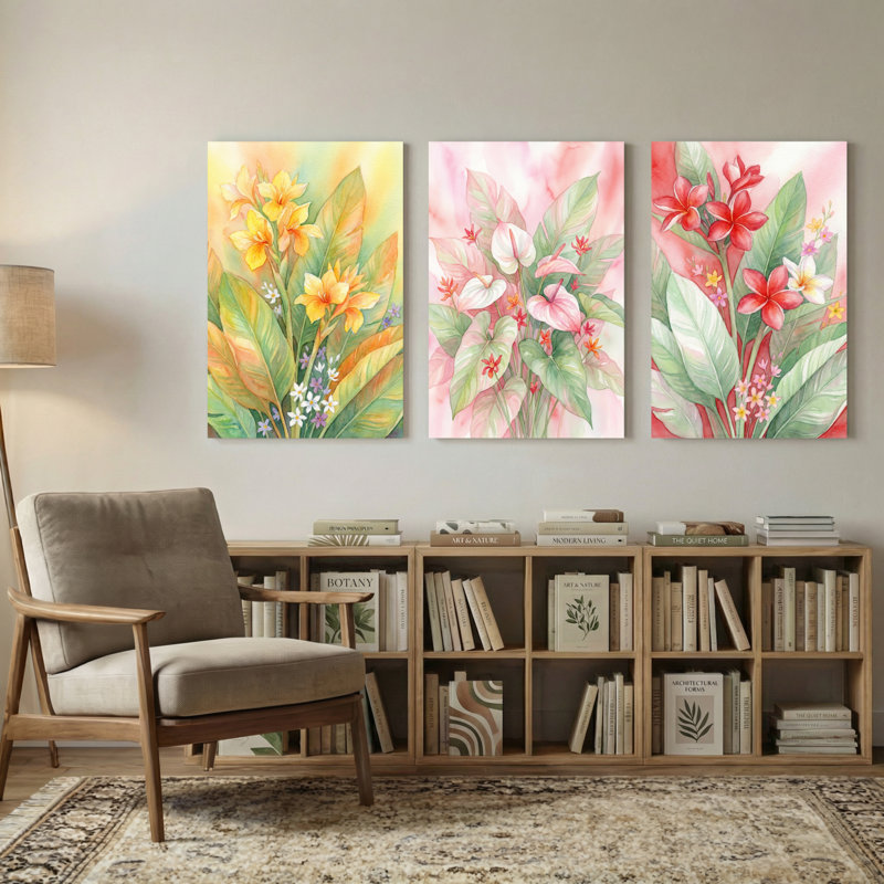 Plantes et fleurs, motif floral avec couleurs vives et feuilles, ensemble de 3 impressions sur toile, H 36 po x l 72 po