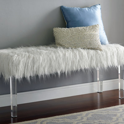 White Faux Fur Bench with Acrylic Legs