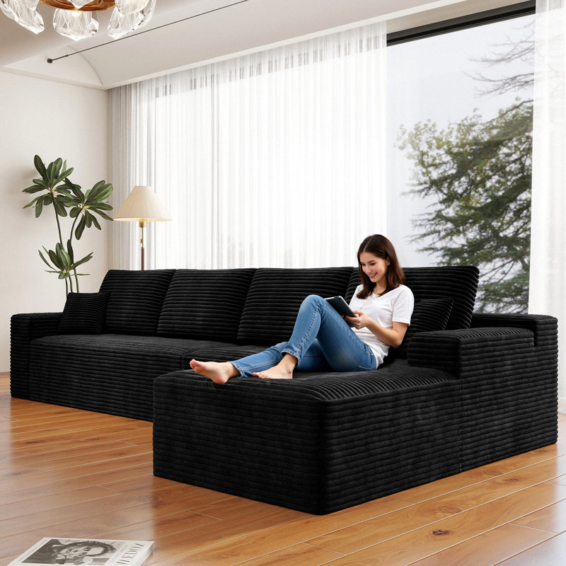 132" L-shaped Sectional Couch, Compression Sofa, Black Corduroy, Right Facing, Right Hand Facing, Black Corduroy