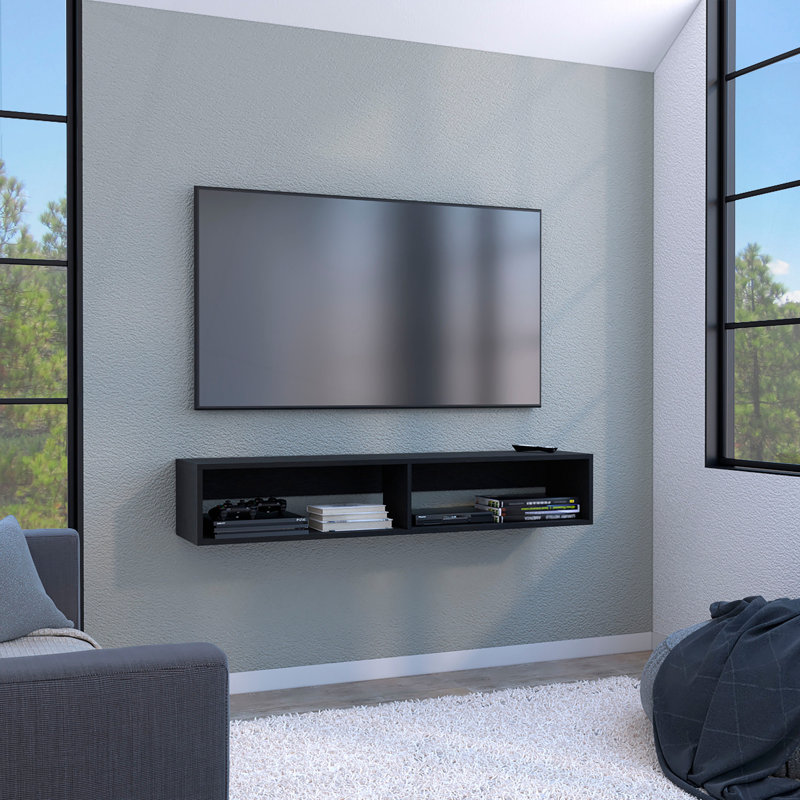 Meuble télé 59 po avec deux tablettes ouvertes, compartiments média et gestion des câbles noir, 11" H x 60" W x 13" D, Noir