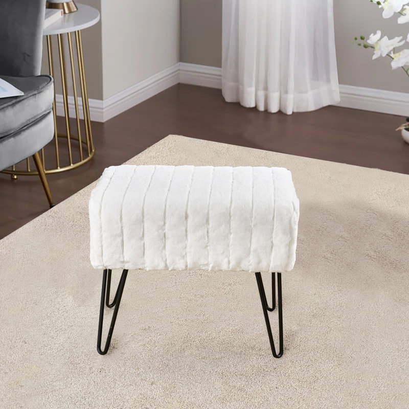 Defranco Upholstered Ottoman, Bright White Faux Fur
