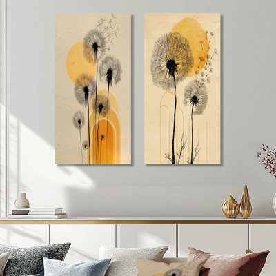 «Springtime Dandelion Sunset» - ensemble de 2 reproductions d'art mural botaniques en métal noir