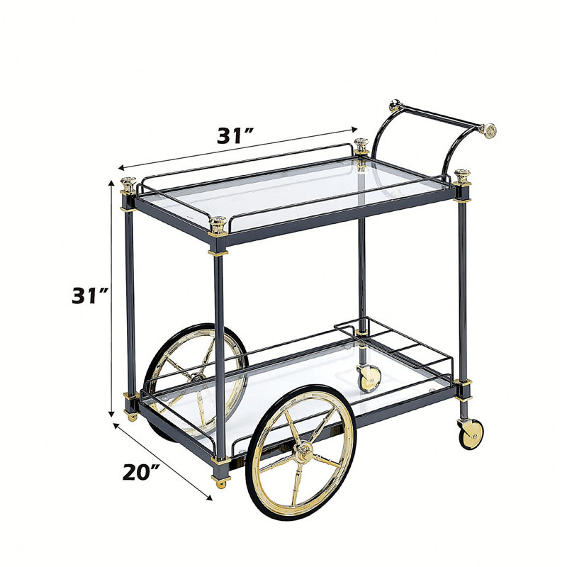 Chariot de service rectangulaire en verre et en métal - décorations noires / dorées, rangement pour accessoires de vin transparent et fini 2 tablettes pour apéritifs, cadre, porte-bouteilles, mobile avec roulettes