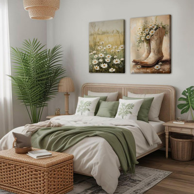 2Pcs Daisy Field And Country Boots Canvas Wall Art Vintage Farmhouse Style Artwork Painting Floral Cowboy Boots Poster Print Suitable For Living Room Bedroom Kitchen Home Decor 16 X 24 Inch