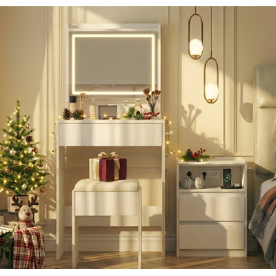 Bureau de coiffeuse Farmhouse avec miroir lumineux et centre de charge