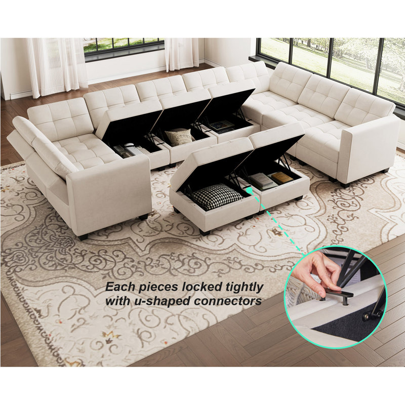 Buckleton 143'' W Large Upholstered Velvet Movable Modular U Shape Sofa with Storage, Beige Velvet
