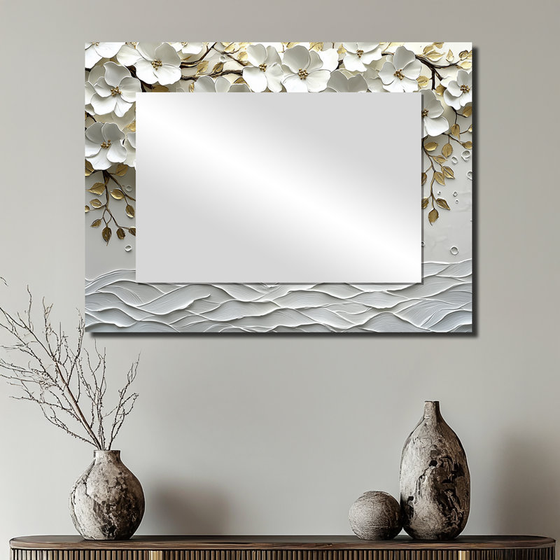 Arbre sauvage fleuri crème - miroir mural floral - imprimé sur métal, 24 po x 32 po