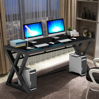 Jenafir Tempered Glass Steel Computer Desk