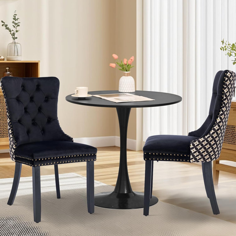 Round Dining Table Sets with 2 chairs, White, Black Geometric