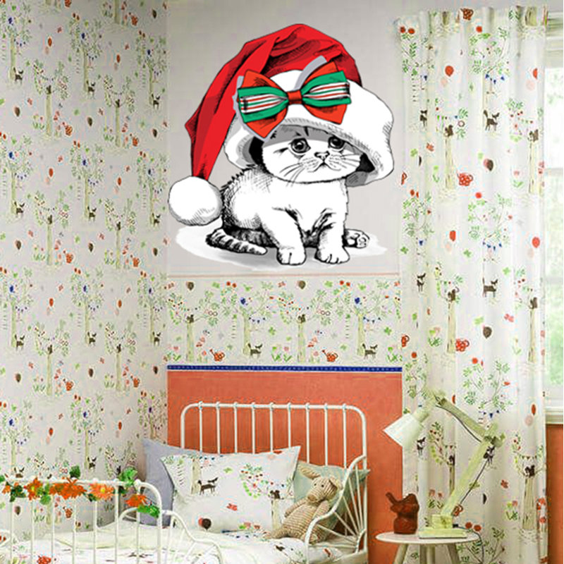 Décalcomanie murale père Noël chaton, H 20 po x l 22 po
