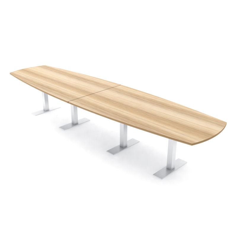 Table de conférence Pavert Arc Boat avec base en T en métal, H 30 po x l 168 po x P 48 po, Blond blond cendré, Argent