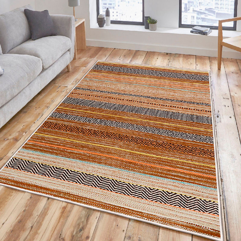 Antibacterial Cotton Area Rug, 2.6 x 4.9 Feet | Non-Slip PVC Underside, 0.3 in Pile Height, 0.3 in Sponge Height | Machine Washable, Stylish Cream, Orange, Yellow, Blue & Black Design | Perfect for Living Room & Bedroom