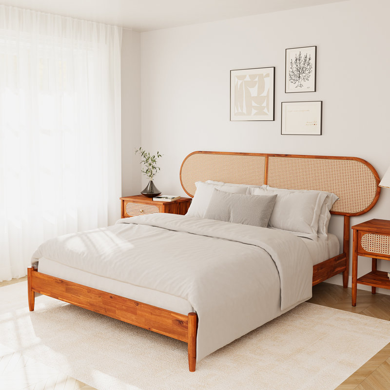 Solid Wood King Size Bed,Bohemian Platform Bed Frame,No Box Spring Needed, King, Brown