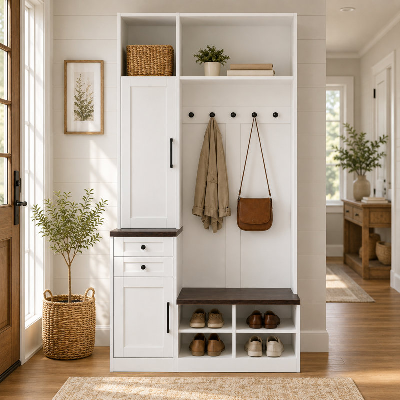 Ahn 86.6" Hall Tree With 5 Hooks, Storage Drawers & Shoe Bench