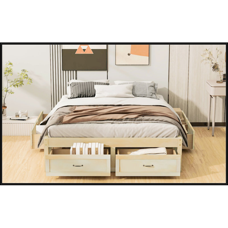Queen Size Platform Bed With 6 Storage Drawers, Antique Natural