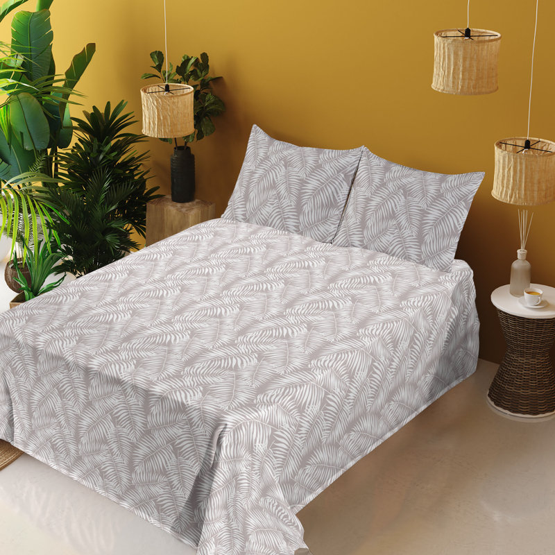 Microfiber Sheet Set, Full Sheet Set with 2 Pillowcases, Light Warm Taupe/White Floral