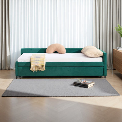 Lit de jour rembourré avec lit gigogne, structure de lit en bois robuste, conception de grille de diamant moderne, pour chambre à coucher, chambre d'amis