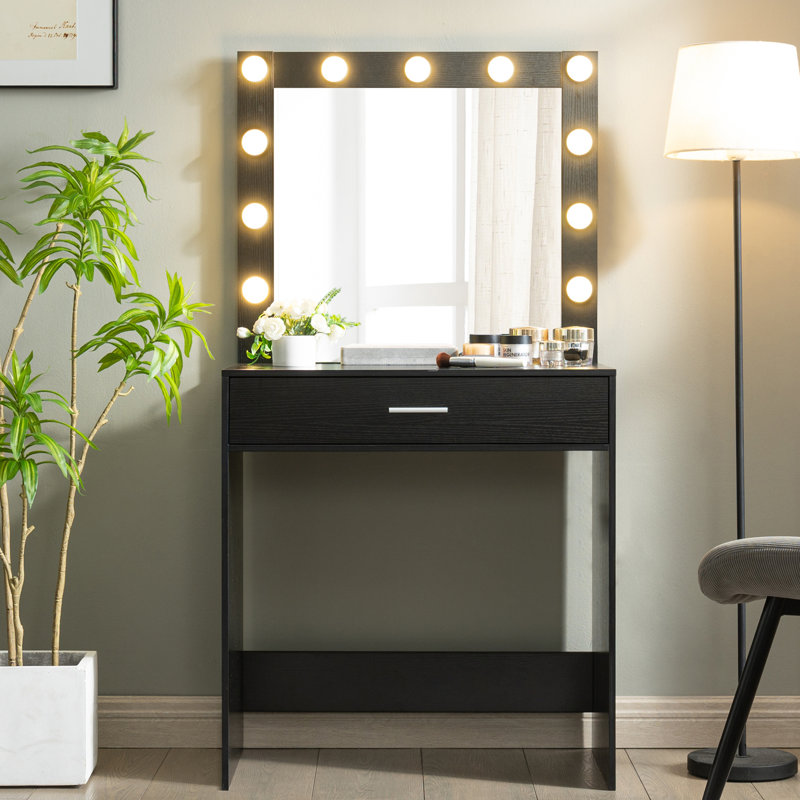 Elegant Black Vanity Desk with Mirror & Adjustable Lights, Large Drawer Dressing Table with 3 Modes