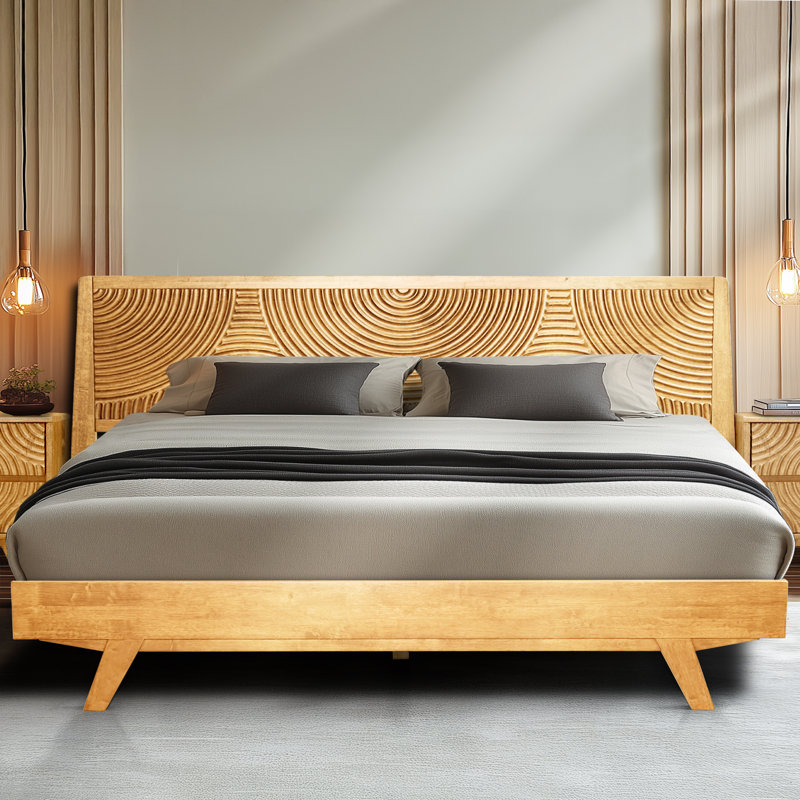 Harmony Solid Wood Bed Frame Platform Style with Sculpted Headboard, Mid-Century Modern, No Box Spring Needed, Smart Tools Assembly, 800 lbs Capacity
