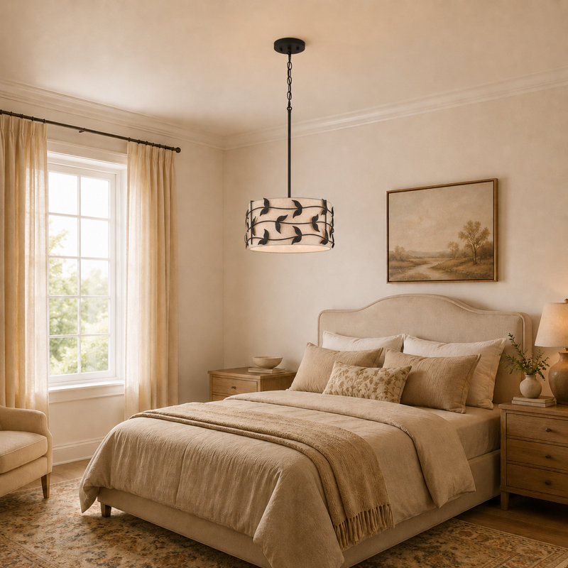 Luminaire suspendu tambour moderne à 4 lumières avec feuille métallique, Noir