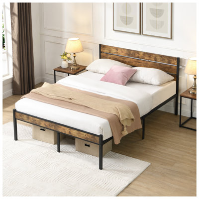 Full Size Bed Frame with Wood Headboard, Metal Platform Bed with Under Bed Storage, No Box Spring Needed, Rustic Brown & Black