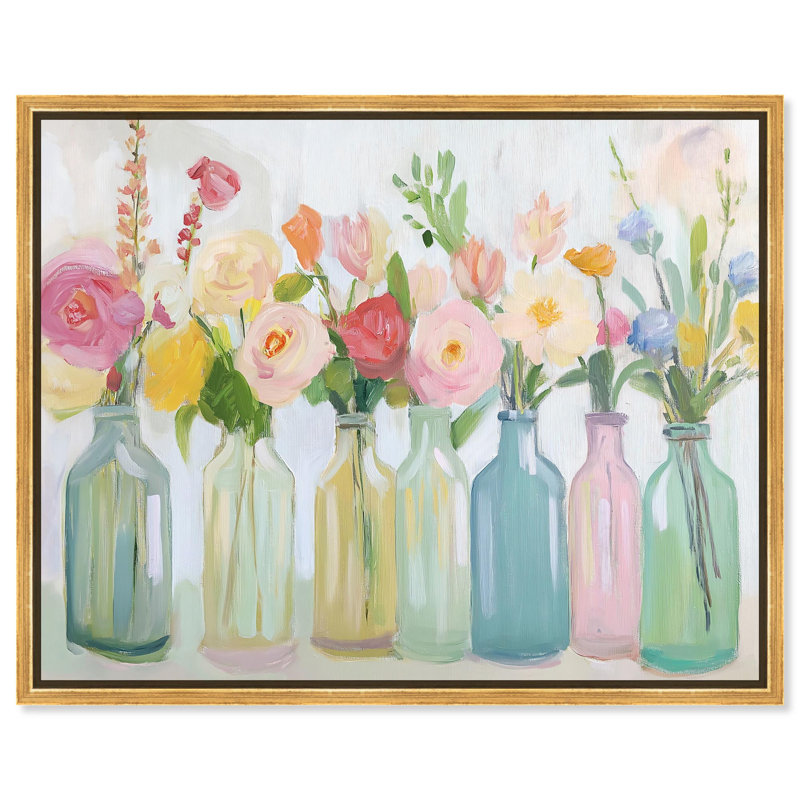 Art floral sur toile en bouteille, H 31 po x l 37 po, Cadre flottant doré