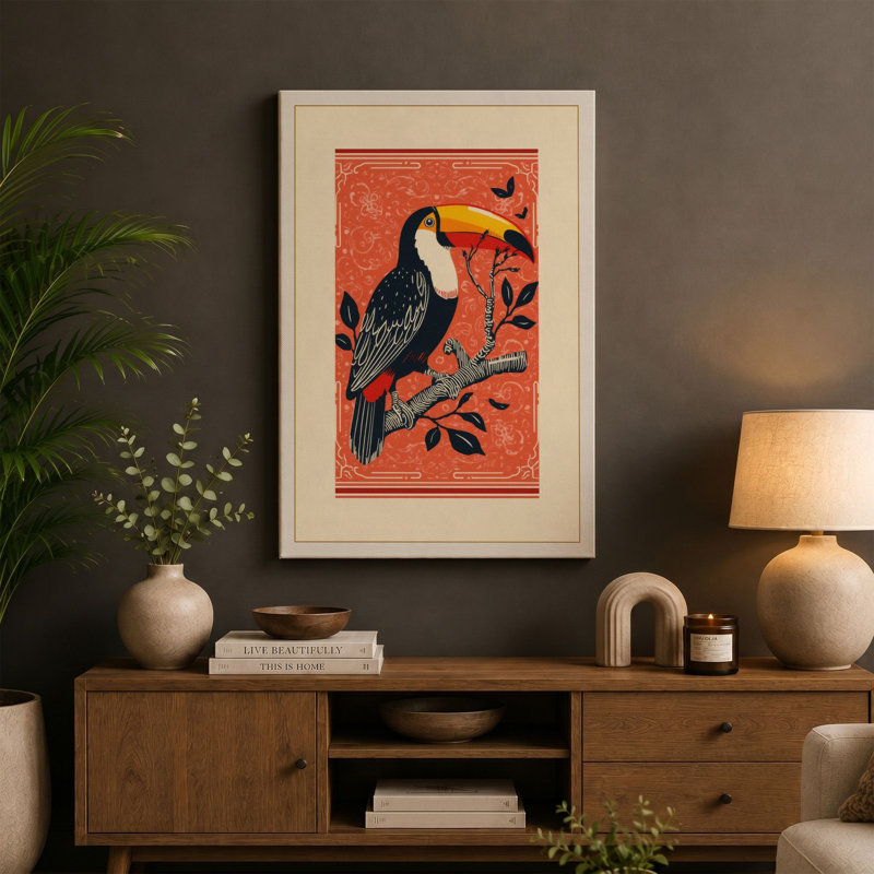 Toucan on Branch Boho - Wrapped Canvas, 18x12 - 45.7 x 30.5 cm, Ochre Border