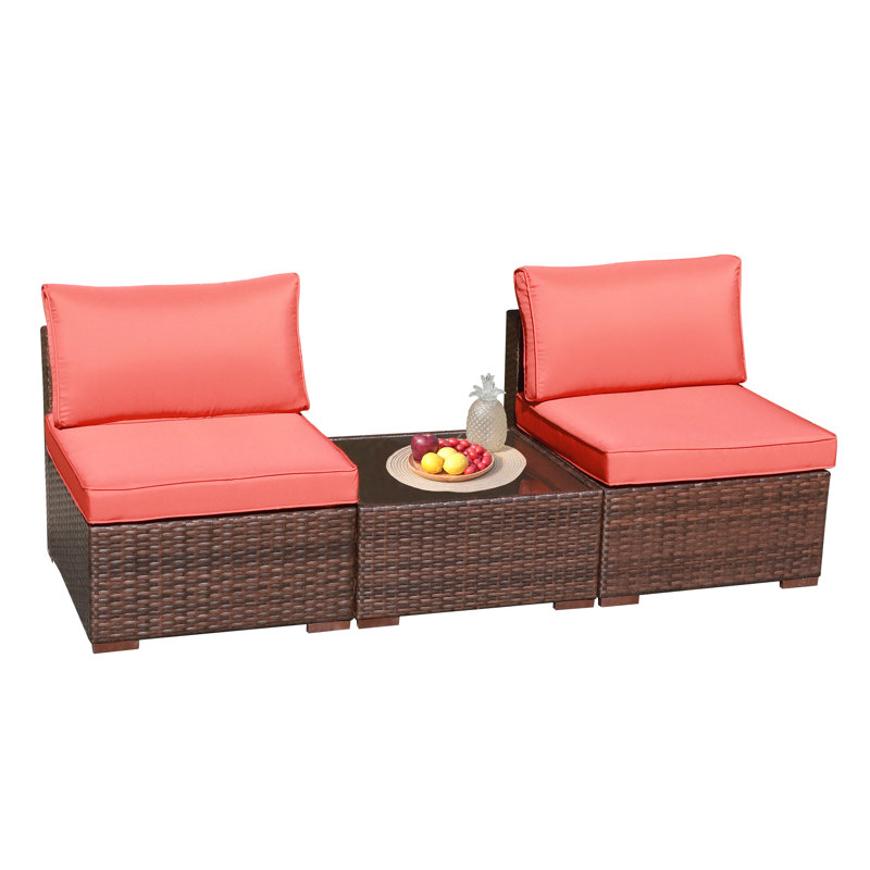 Aksh Wicker 2 - Person Patio Conversation Set with Cushions, Brown Frame/Orange Cushion