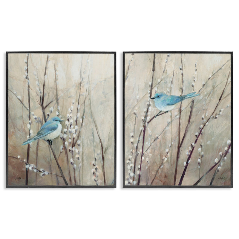 Oiseaux bleus «Peaceful perché» par Julia Purinton, Giclée encadrée noir minuit, H 30 po x l 24 po