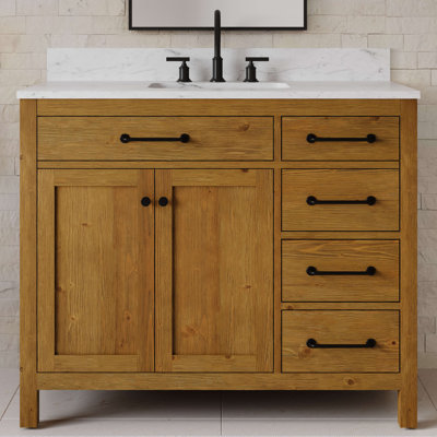Pista 42 in. Single Sink Freestanding Sierra Oak Bath Vanity with Carrara White Engineered Marble Top (Assembled)
