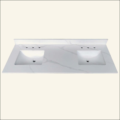Dessus de meuble-lavabo double en quartz, 3/4 po d'épaisseur, 2 lavabos centraux simples encastrés, dosseret haut de 4 po, trous de robinet pré-percés, résistant aux taches et à la chaleur, quartz avec veines