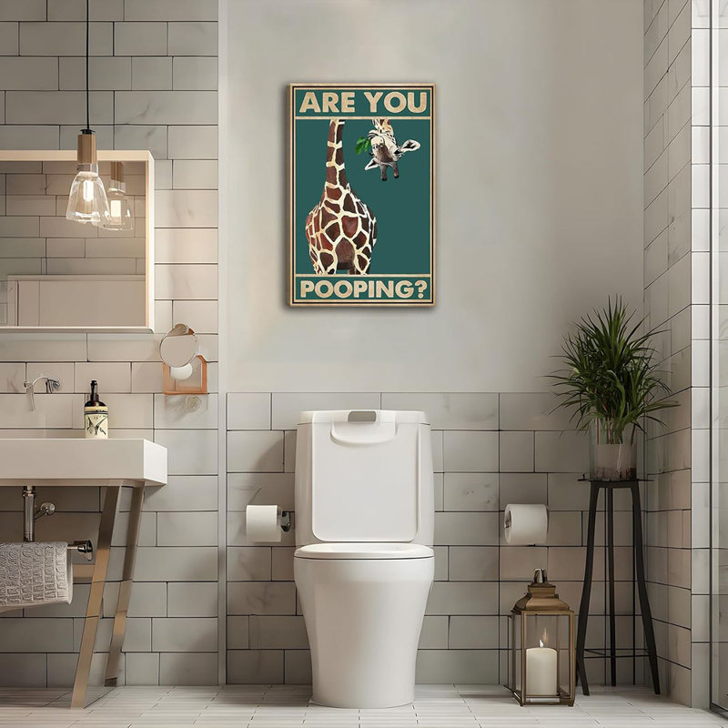 Funny Giraffe Bathroom Canvas Wall Art Picture Humorous Animal Toile Poster Prints Are You Pooping Painting Artwork Wall Decor for Washroom Restroom 16x24in Framed Ready To Hang