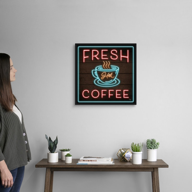 «Neon Fresh Coffee» par Mollie B., reproduction d'art sur toile tendue, H 22 po x l 22 po x P 1,75 po, Cadre noir