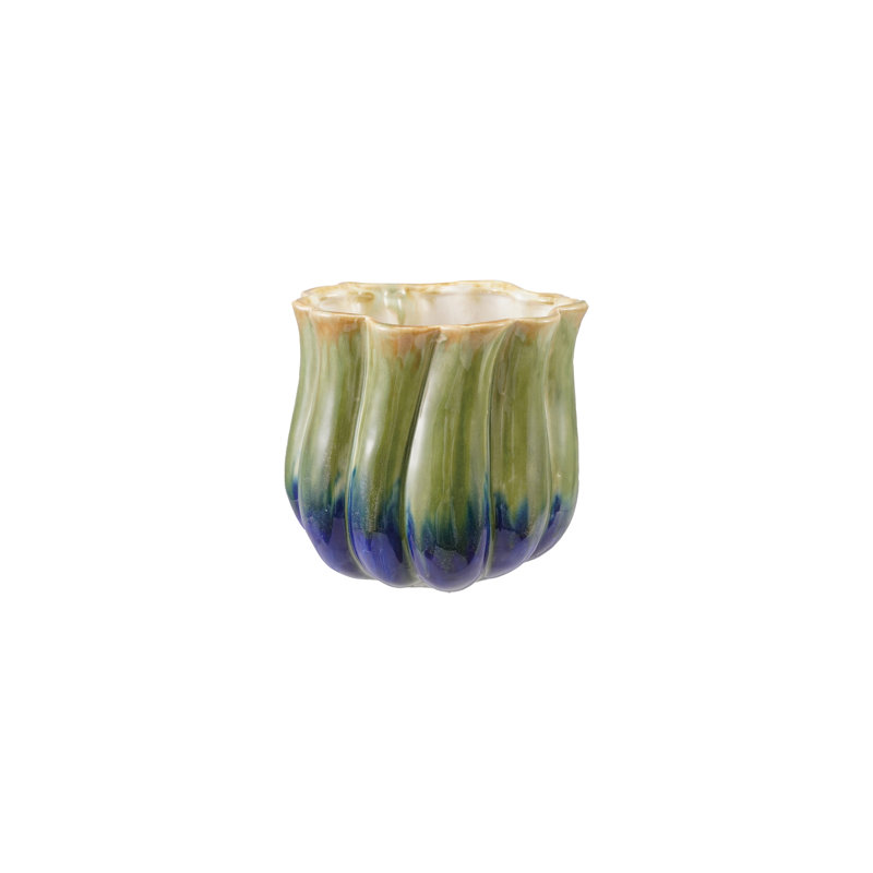 Pot de fleurs cannelé en grès bicolore avec glacis réactif