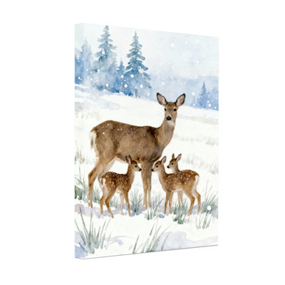 Christmas Winter Deer Family Snowy Landscape Art Print Set of 3 Canvas Wall Art Prints