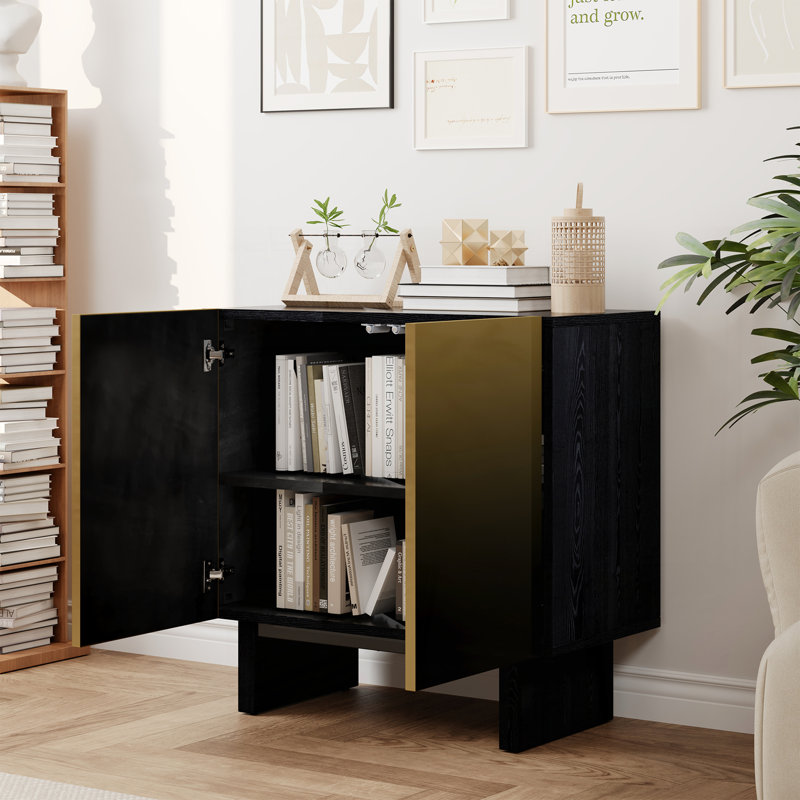 Modern Matte Black 2-Door Accent Cabinet with Gold Wire Mesh & Push-to-Open
