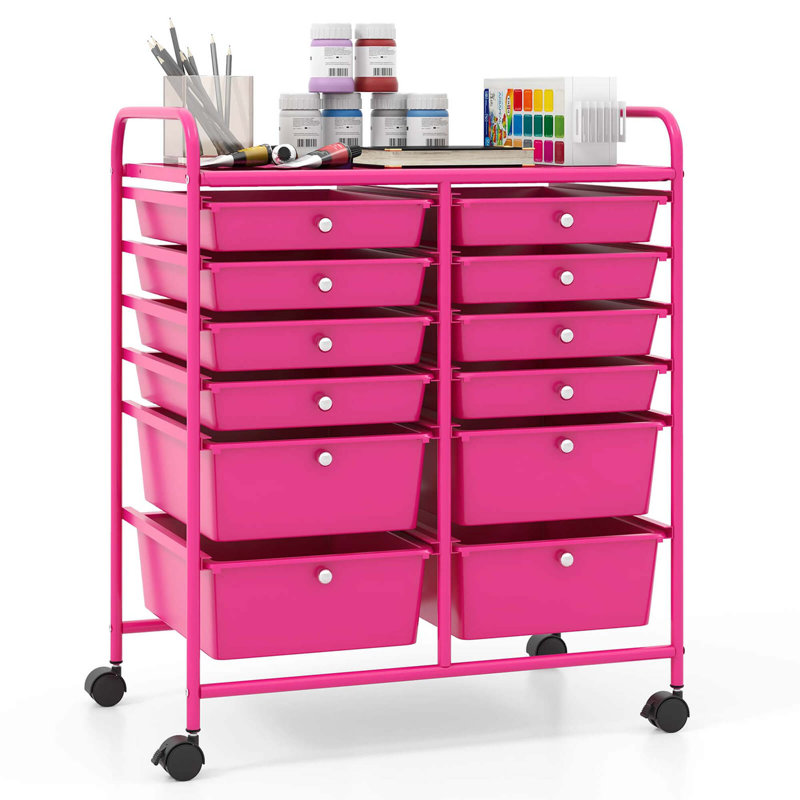 Bureau avec chariot à roulettes et 12 tiroirs de rangement, Rose