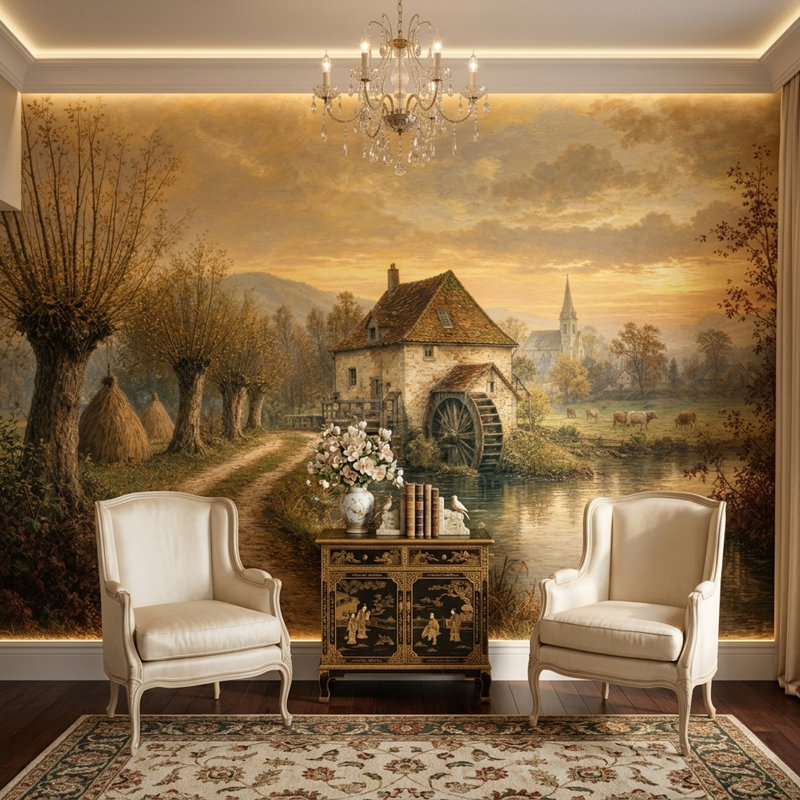 Papier peint rustique représentant un moulin à eau et un paysage vintage, 200"x120", Peel and Stick