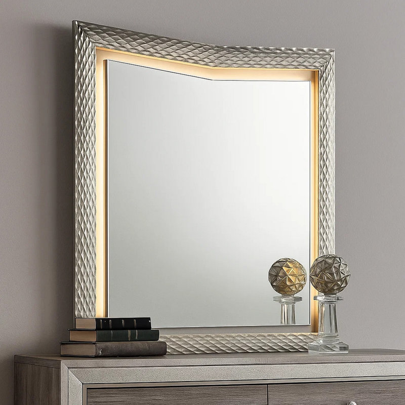Miroir de commode 41 "x 44" avec DEL Vino, bois gris Glam, garniture argentée Vino