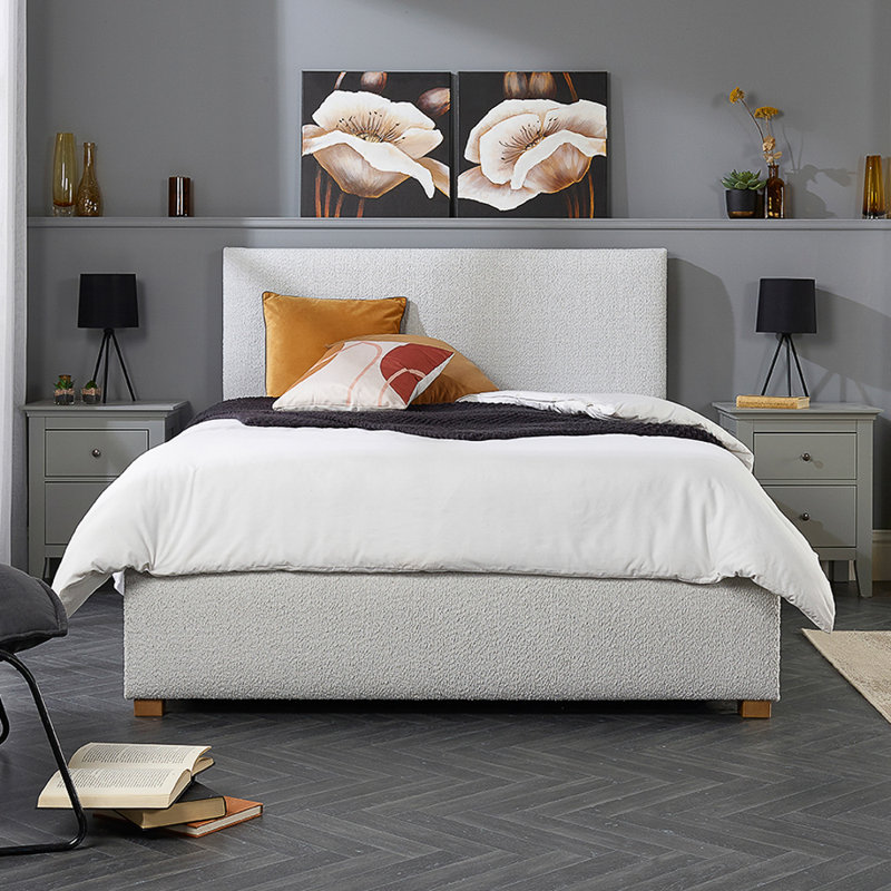 Bouclé Upholstered Garland Ottoman Bed Frame, Double (4'6), Platinum
