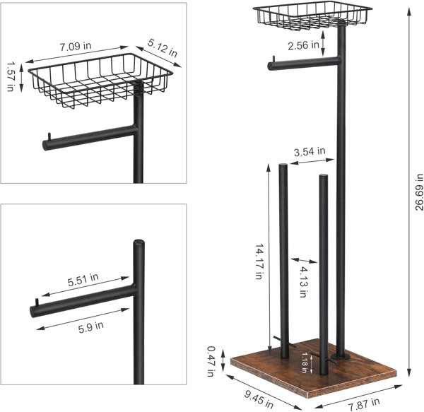 Freestanding Black Toilet Paper Holder Stand with Wood Base and Shelf