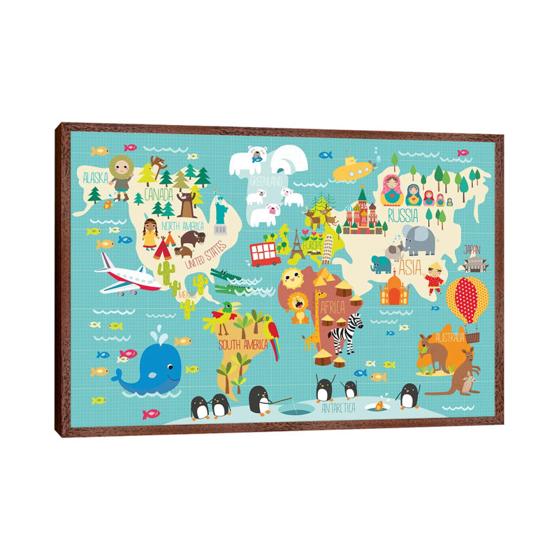 Children's World Map by Martina Hogan - Print on Canvas, Classic Brown Wood Framed, 101.6 cm H x 66.04 cm W