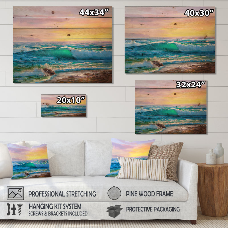  «Blue Waves Breaking At The Beach IV», reproduction d'art côtier sur bois naturel, H 15 po x l 30 po x P 0,78 po