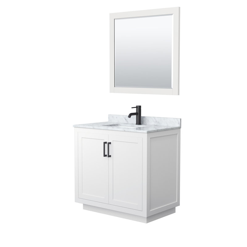 Ensemble de meuble-lavabo simple autoportant 36 po avec plateau en marbre Miranda, Noir mat, Blanc