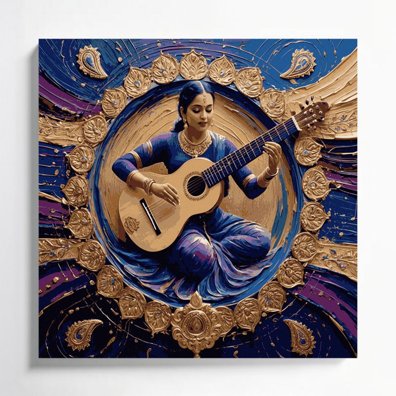 «Music Sitar», art mural sur toile bleue, H 12 po x l 12 po