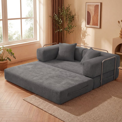 Canapé-lit de sol convertible de 63 po, canapé en velours côtelé modulaire avec 4-en-1, futon moderne pour salon, base antidérapante, sans assemblage, orange