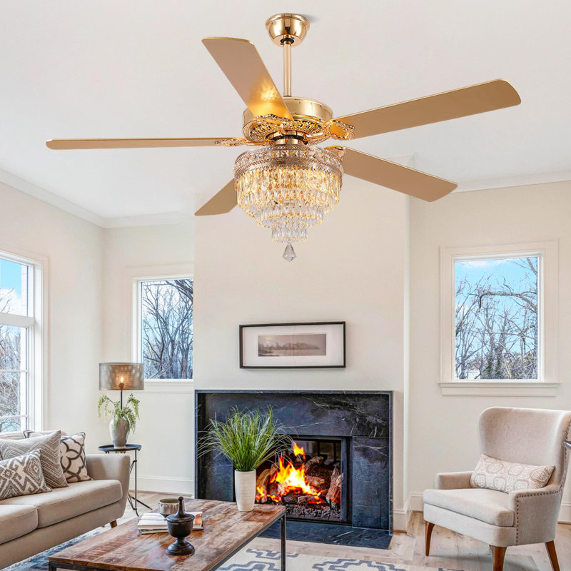 Ventilateur de plafond en cristal 52 pouces avec lumières, pour télécommande de patio de cuisine de chambre à coucher, Or