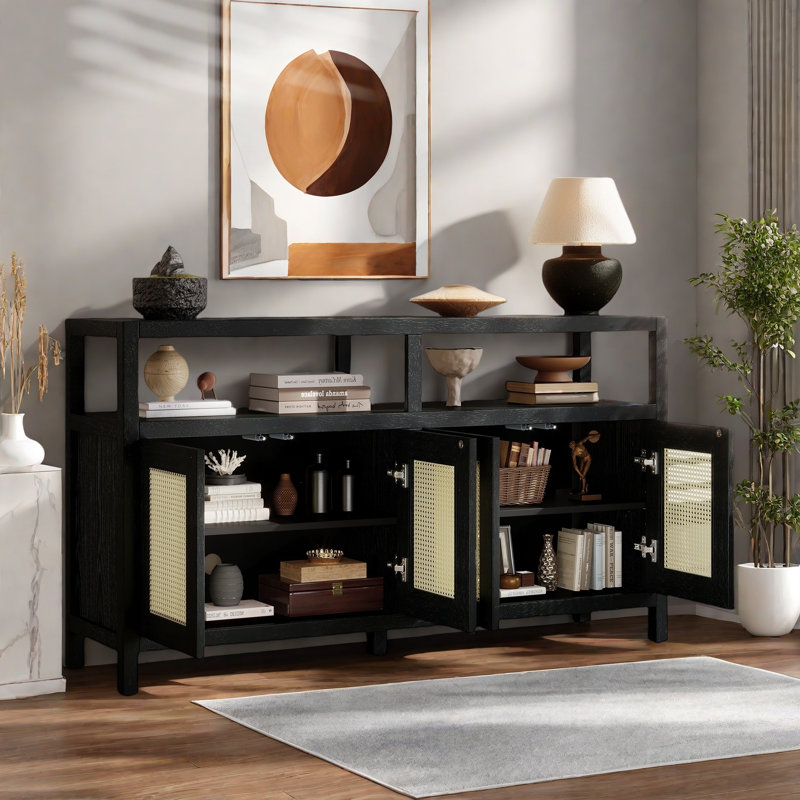 Bohemian Style Sideboard With 3-position Adjustable Shelves, Handwoven Rattan Doors And Open Shelves, No-handle Design, Black