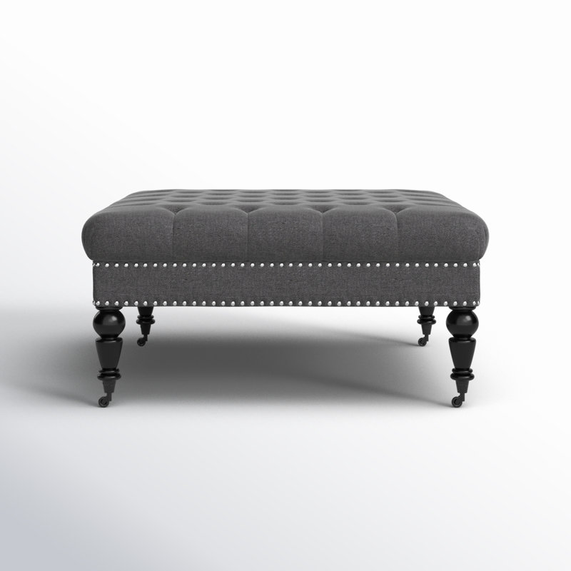 Isabelle Charcoal Linen 35" Square Tufted Ottoman with Nailhead Trim