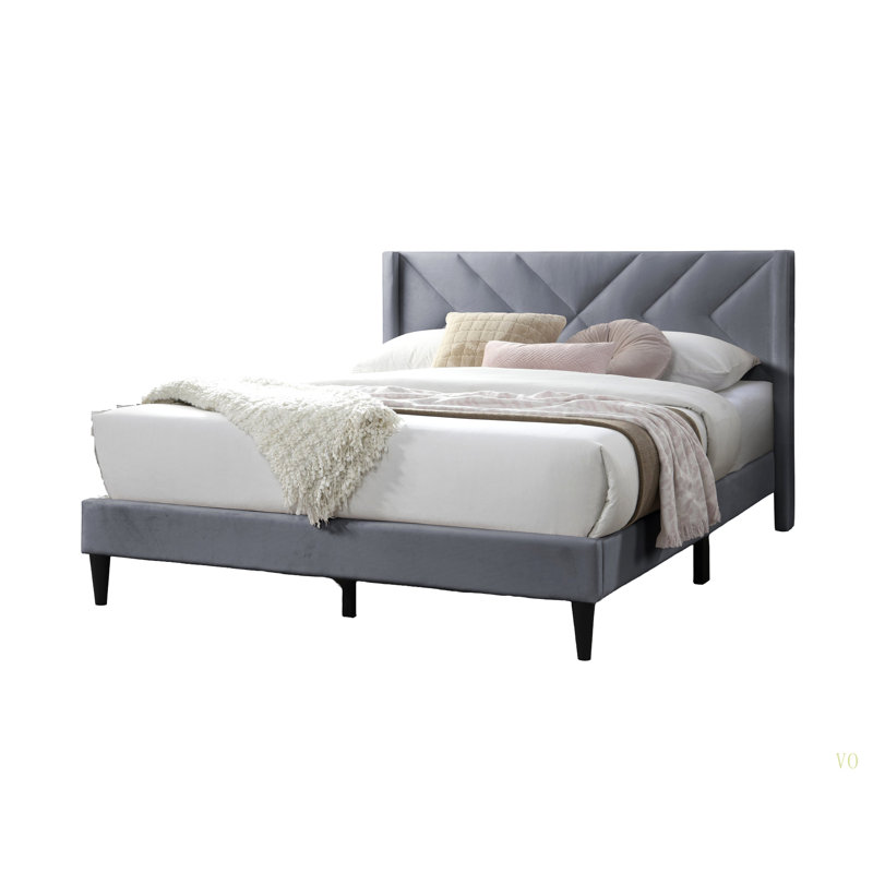 Elegant Modern  Velvet Upholstered Queen Size Bed Clean Lines Design Headboard 1Pc Bedframe, Gray